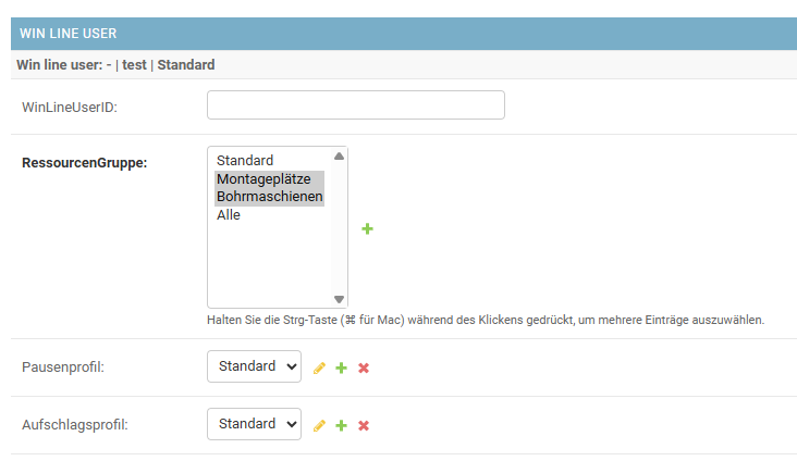 Zuordnung von WinLineUserID, Ressourcengruppen und Profilen